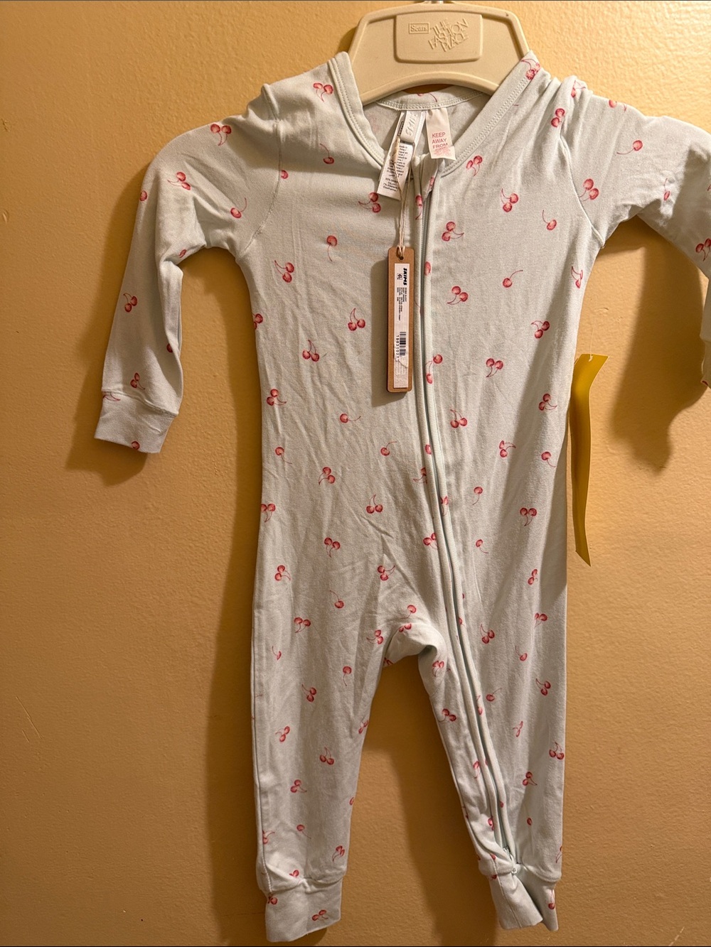 SKIMS Light Mint One-Piece Footie with Cherry Print
